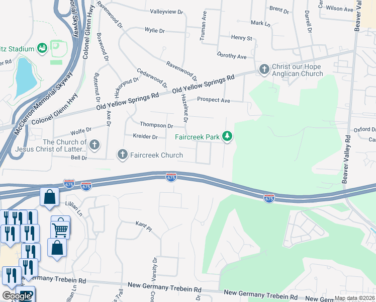 map of restaurants, bars, coffee shops, grocery stores, and more near 301 Hess Court in Fairborn