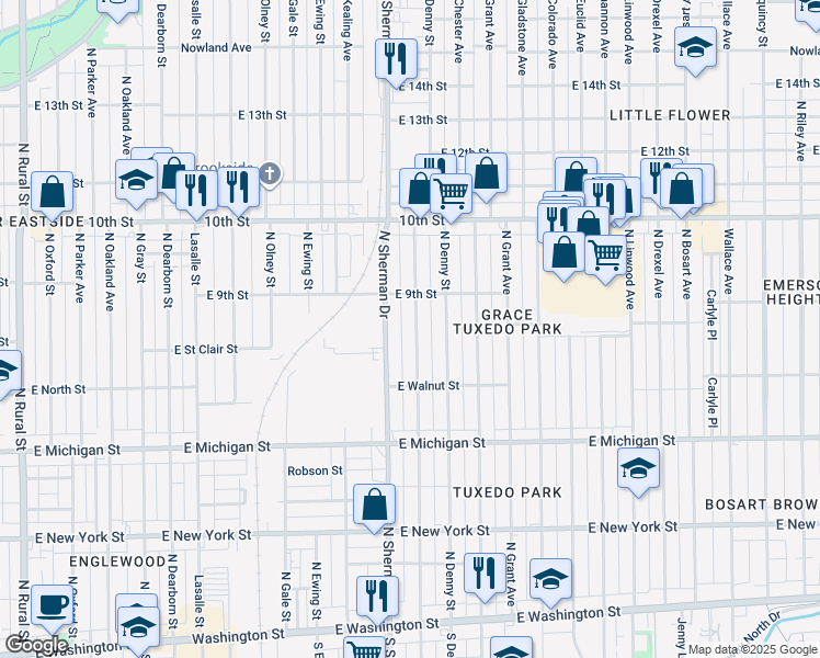 map of restaurants, bars, coffee shops, grocery stores, and more near 816 North Bradley Avenue in Indianapolis