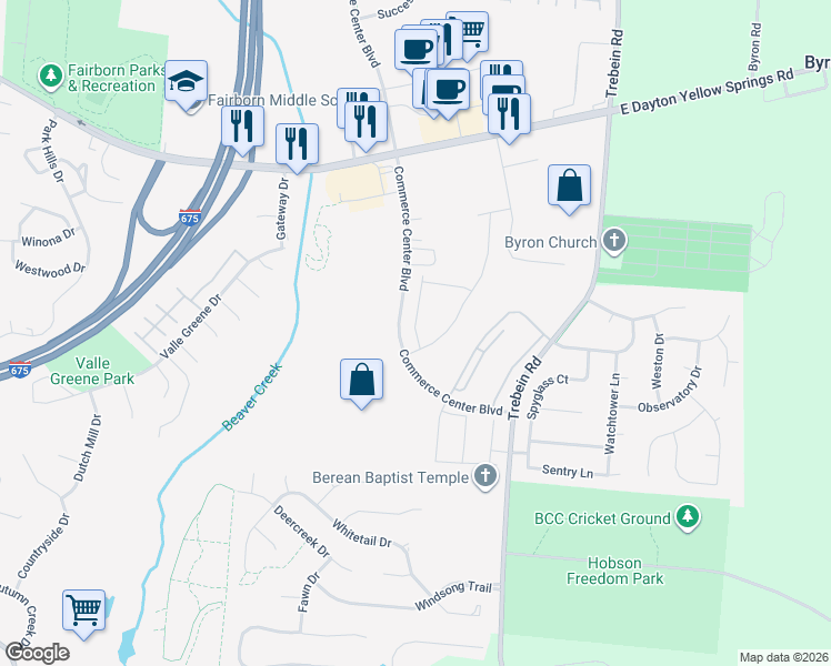 map of restaurants, bars, coffee shops, grocery stores, and more near 2251 Warbler Lane in Fairborn