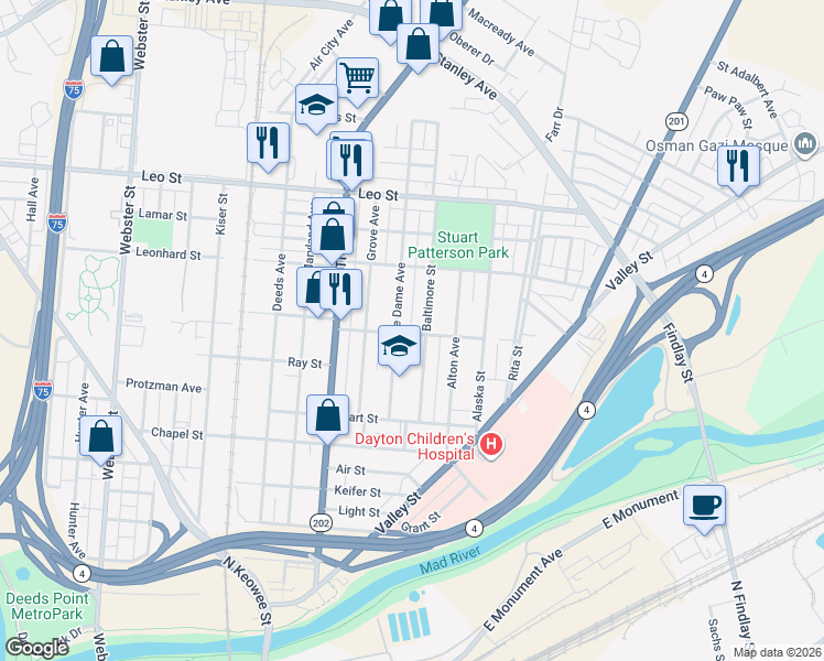 map of restaurants, bars, coffee shops, grocery stores, and more near 119 Baltimore Street in Dayton