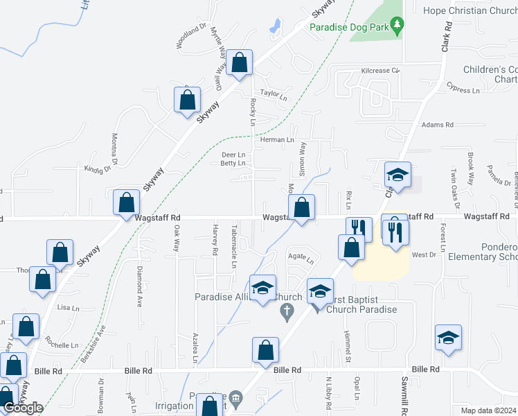 map of restaurants, bars, coffee shops, grocery stores, and more near 6428 Rocky Lane in Paradise