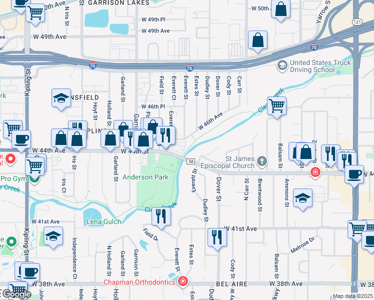 map of restaurants, bars, coffee shops, grocery stores, and more near 8995 West 44th Avenue in Wheat Ridge