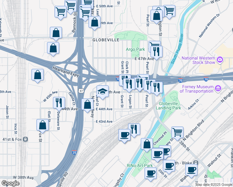map of restaurants, bars, coffee shops, grocery stores, and more near 214 East 45th Avenue in Denver