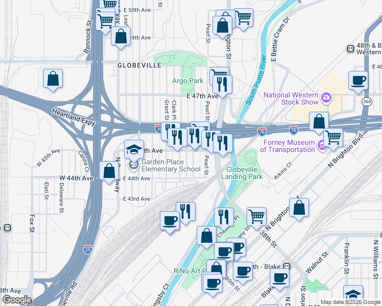 map of restaurants, bars, coffee shops, grocery stores, and more near 4500 Logan Street in Denver
