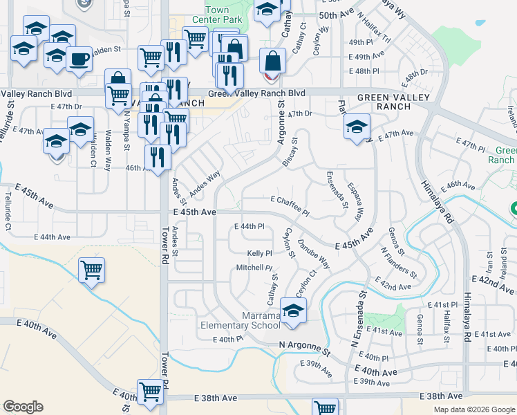 map of restaurants, bars, coffee shops, grocery stores, and more near 18940 East Chaffee Place in Denver