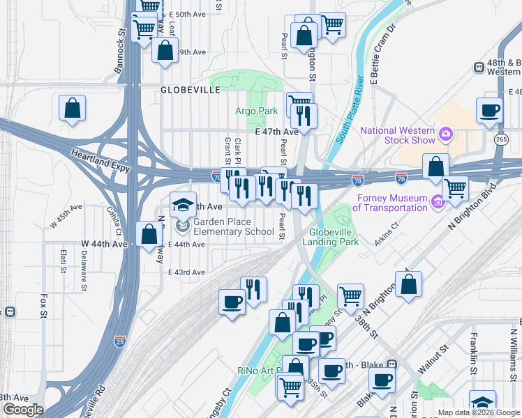 map of restaurants, bars, coffee shops, grocery stores, and more near 4500 Logan Street in Denver