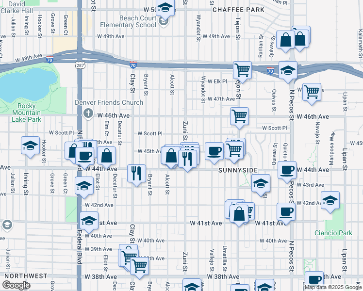 map of restaurants, bars, coffee shops, grocery stores, and more near 4541 Zuni Street in Denver