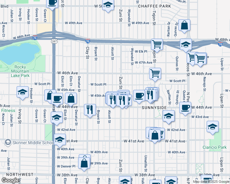 map of restaurants, bars, coffee shops, grocery stores, and more near 4541 Zuni Street in Denver