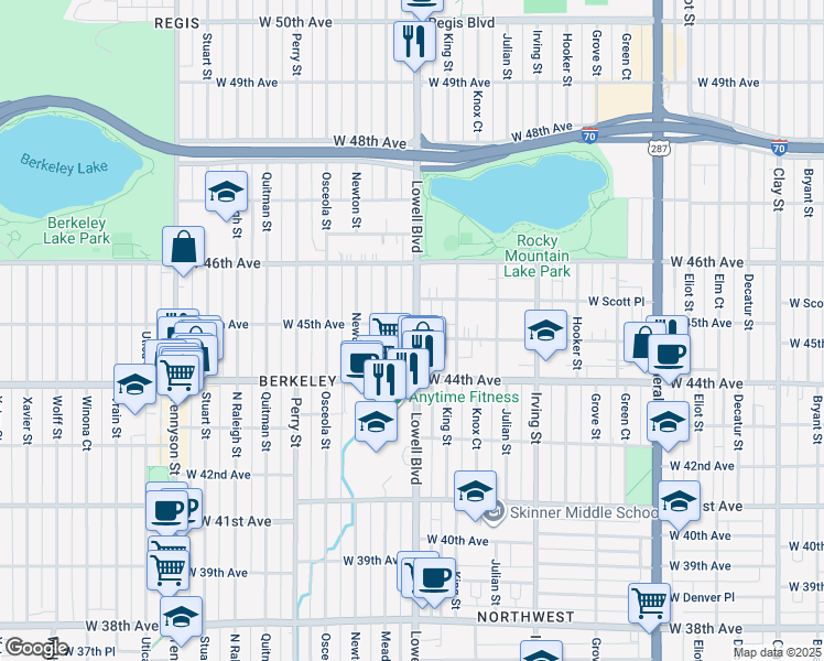 map of restaurants, bars, coffee shops, grocery stores, and more near 4516 Lowell Boulevard in Denver