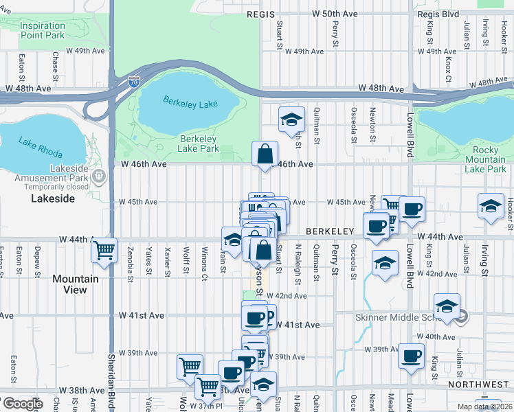 map of restaurants, bars, coffee shops, grocery stores, and more near 4500 Tennyson Street in Denver