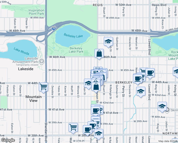 map of restaurants, bars, coffee shops, grocery stores, and more near 4502 Utica Street in Denver