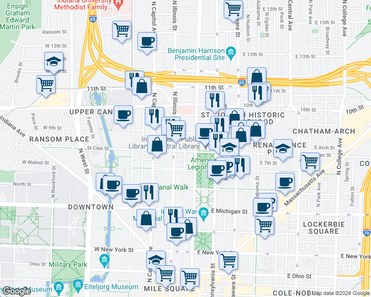 map of restaurants, bars, coffee shops, grocery stores, and more near 832 Pierson Street in Indianapolis