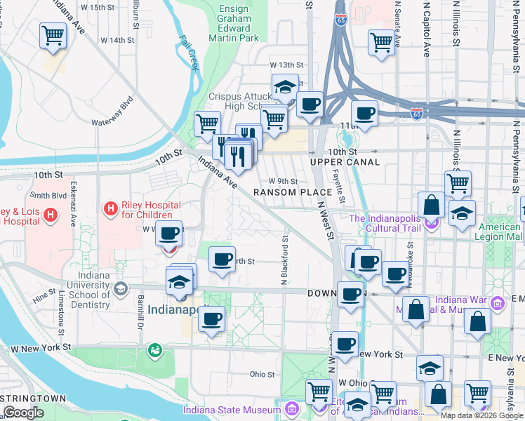 map of restaurants, bars, coffee shops, grocery stores, and more near 805 Lockefield Street in Indianapolis