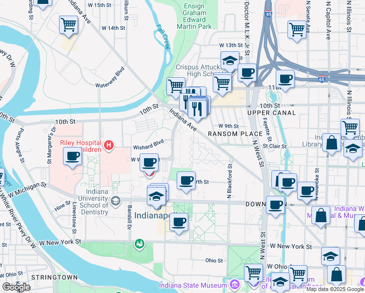 map of restaurants, bars, coffee shops, grocery stores, and more near 960 University Boulevard in Indianapolis