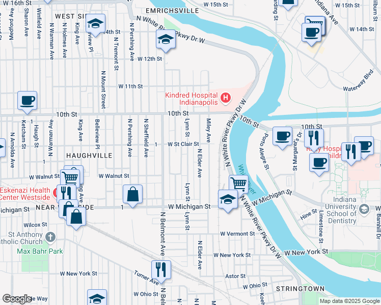 map of restaurants, bars, coffee shops, grocery stores, and more near 761 Lynn Street in Indianapolis
