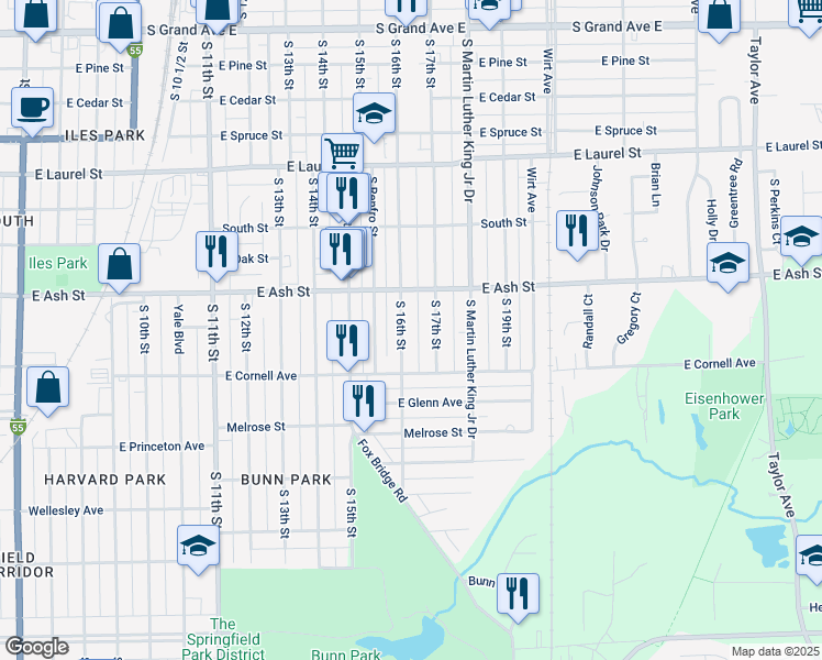 map of restaurants, bars, coffee shops, grocery stores, and more near 2127 South 17th Street in Springfield