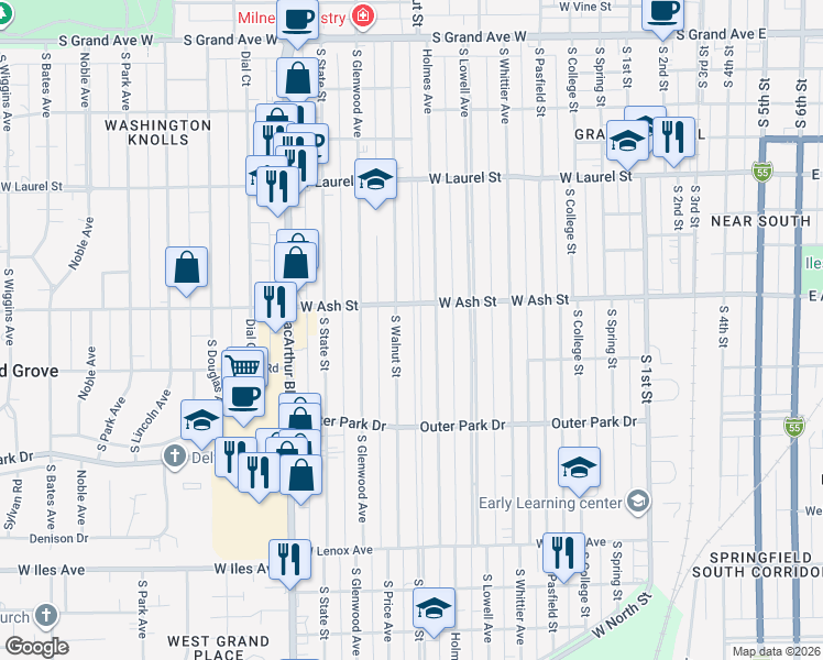 map of restaurants, bars, coffee shops, grocery stores, and more near 2004-2008 South Walnut Street in Springfield