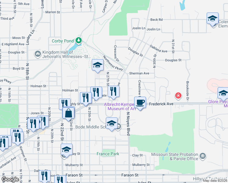 map of restaurants, bars, coffee shops, grocery stores, and more near 1216 Ashland Avenue in Saint Joseph