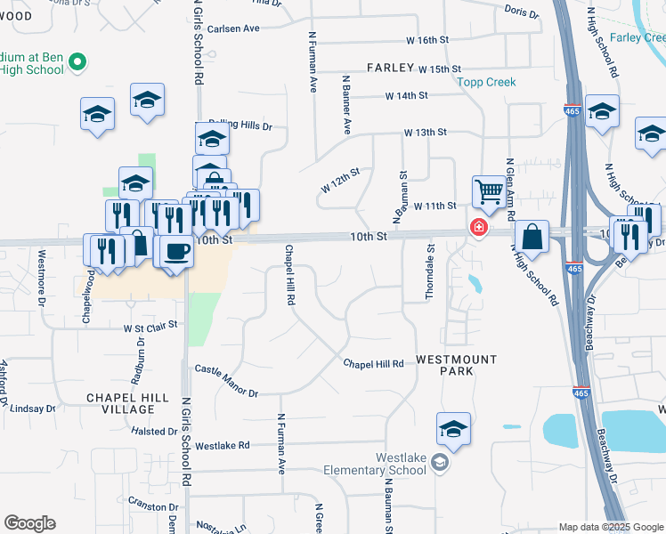 map of restaurants, bars, coffee shops, grocery stores, and more near 911 Beaumont Court in Indianapolis