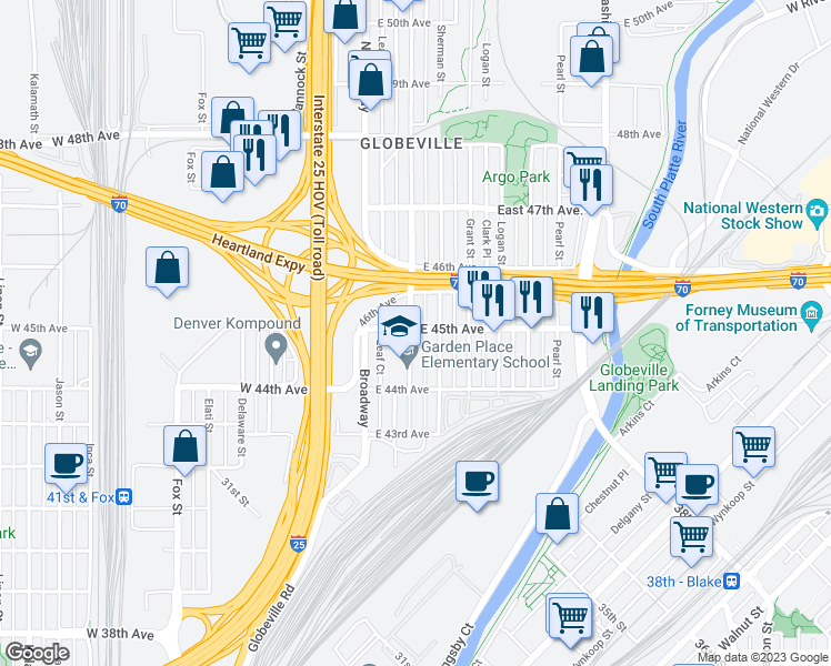 map of restaurants, bars, coffee shops, grocery stores, and more near 4490 Lincoln Street in Denver