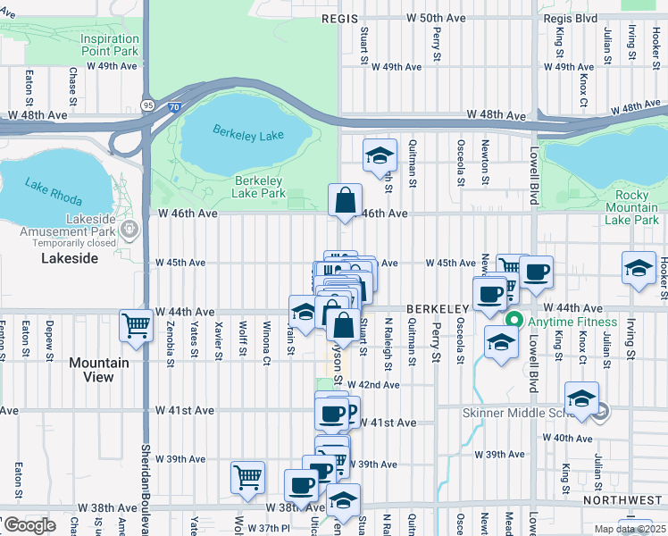 map of restaurants, bars, coffee shops, grocery stores, and more near 4500 Tennyson Street in Denver