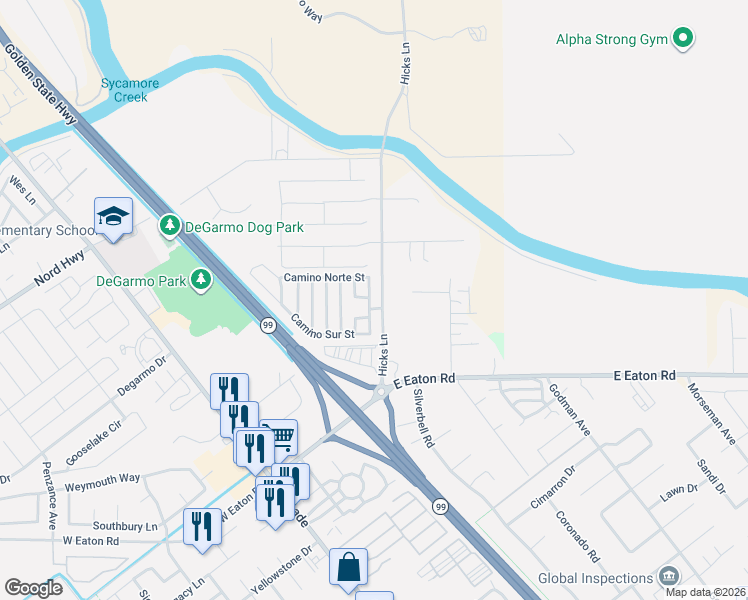 map of restaurants, bars, coffee shops, grocery stores, and more near 3544 Calle Principal in Chico