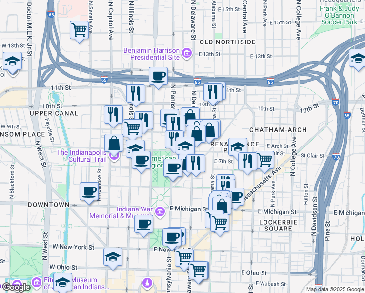 map of restaurants, bars, coffee shops, grocery stores, and more near 109 West Saint Clair Street in Indianapolis