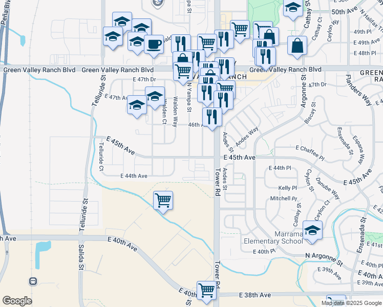 map of restaurants, bars, coffee shops, grocery stores, and more near 4505 North Yampa Street in Denver