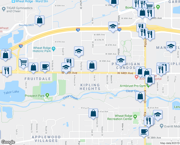 map of restaurants, bars, coffee shops, grocery stores, and more near West 44th Avenue in Wheat Ridge