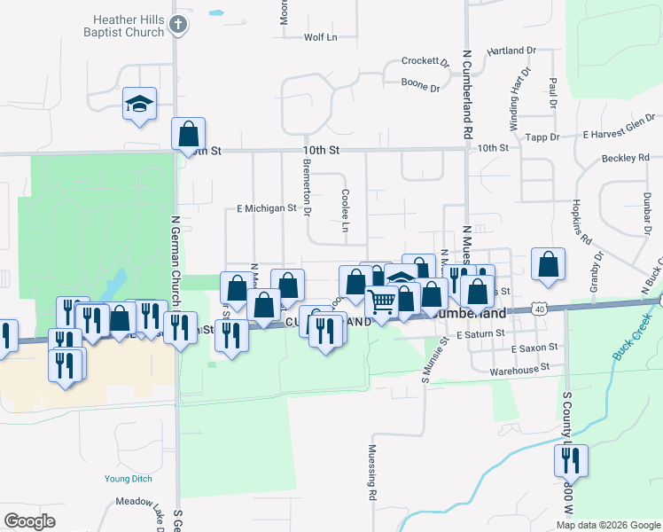 map of restaurants, bars, coffee shops, grocery stores, and more near 11343 East New York Street in Cumberland
