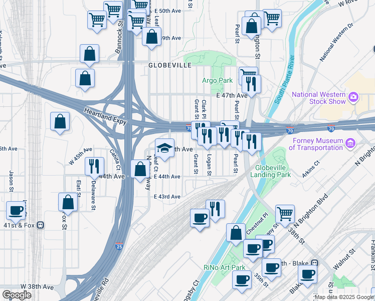 map of restaurants, bars, coffee shops, grocery stores, and more near 206 East 45th Avenue in Denver