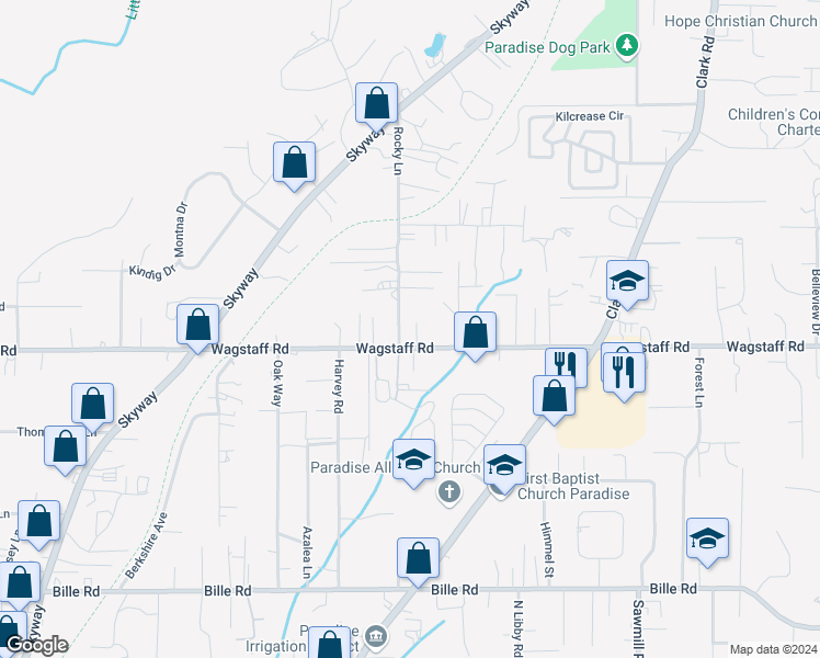 map of restaurants, bars, coffee shops, grocery stores, and more near 6428 Rocky Lane in Paradise