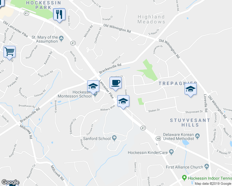 map of restaurants, bars, coffee shops, grocery stores, and more near 6949 Lancaster Pike in Hockessin