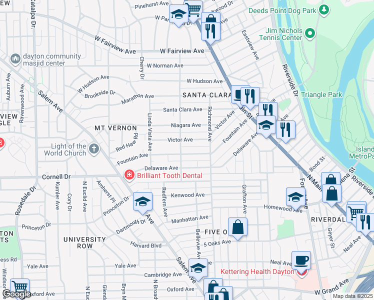 map of restaurants, bars, coffee shops, grocery stores, and more near 255 Fountain Avenue in Dayton