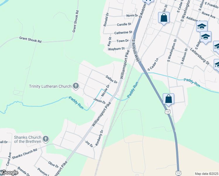 map of restaurants, bars, coffee shops, grocery stores, and more near 11488 Nicole Drive in Greencastle