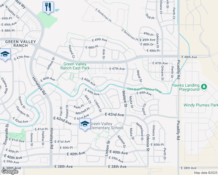 map of restaurants, bars, coffee shops, grocery stores, and more near 20923 East 44th Avenue in Denver