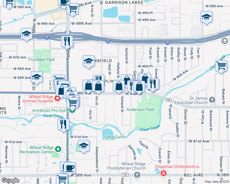 map of restaurants, bars, coffee shops, grocery stores, and more near 9491 West 44th Avenue in Wheat Ridge