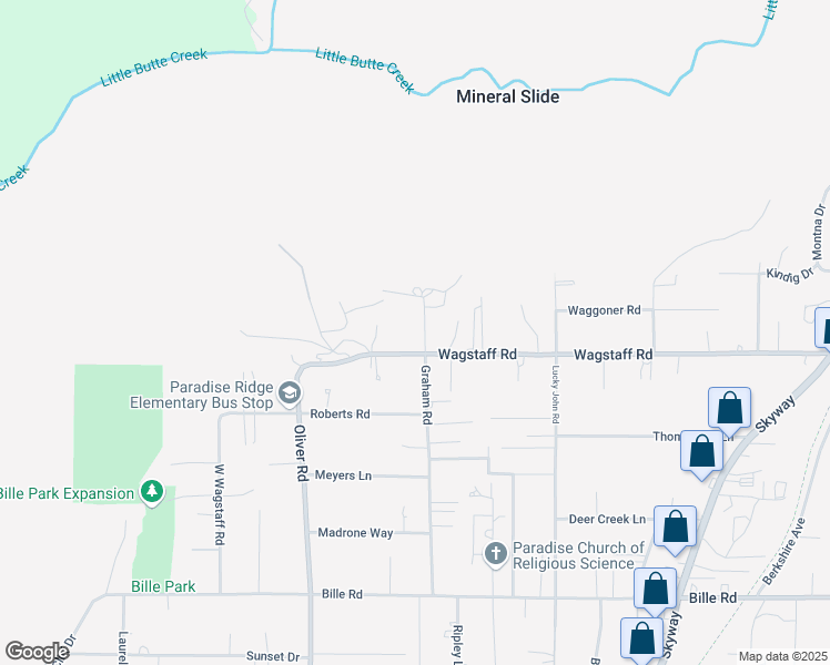 map of restaurants, bars, coffee shops, grocery stores, and more near 6421 Graham Road in Paradise