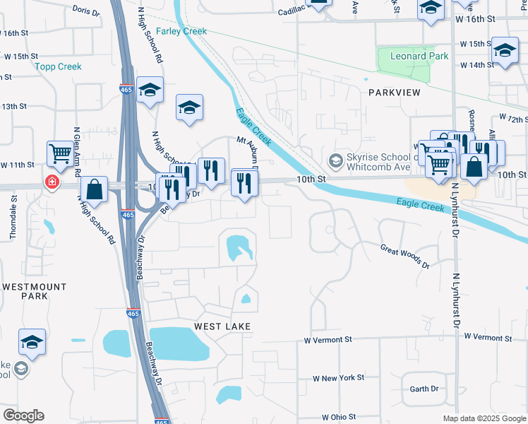 map of restaurants, bars, coffee shops, grocery stores, and more near 840 Auburn Hill Drive in Indianapolis