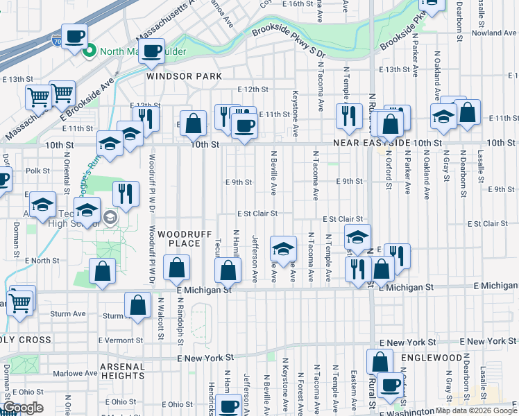 map of restaurants, bars, coffee shops, grocery stores, and more near 814 Jefferson Avenue in Indianapolis