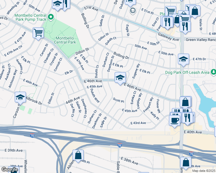 map of restaurants, bars, coffee shops, grocery stores, and more near 4587 Dearborn Street in Denver