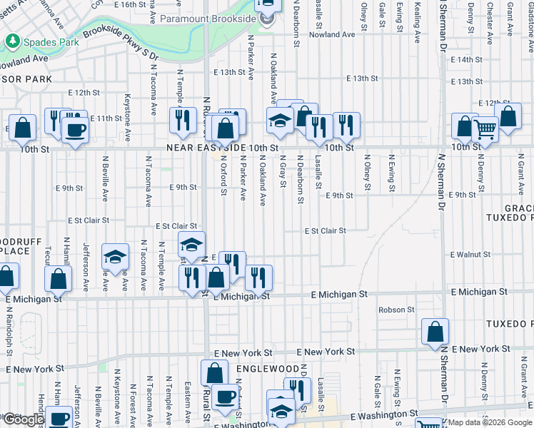 map of restaurants, bars, coffee shops, grocery stores, and more near 824 North Oakland Avenue in Indianapolis