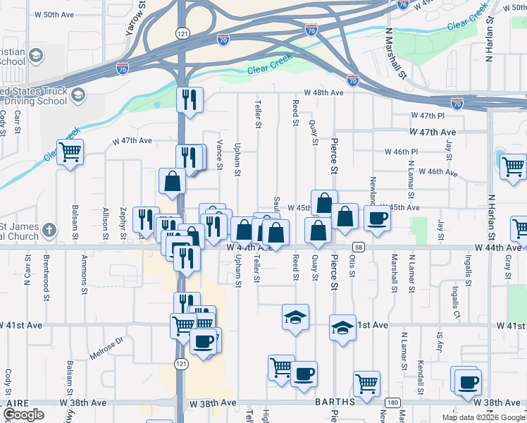 map of restaurants, bars, coffee shops, grocery stores, and more near 4490 Teller Street in Wheat Ridge
