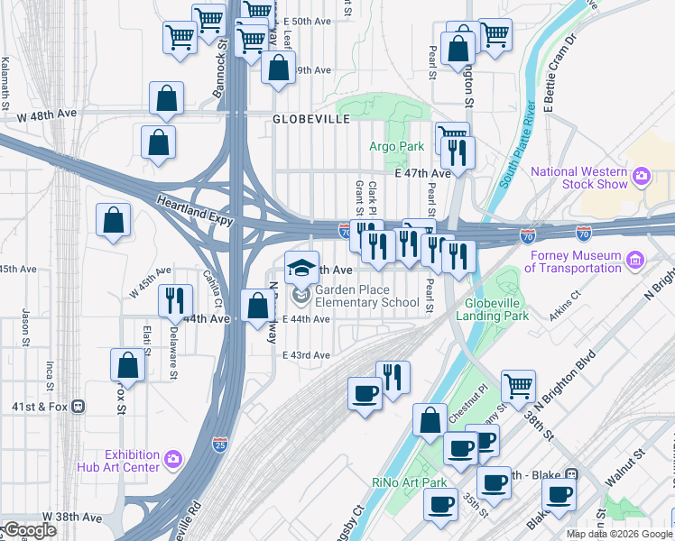 map of restaurants, bars, coffee shops, grocery stores, and more near 4505 Sherman Street in Denver