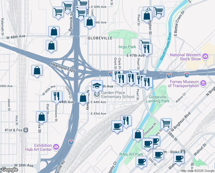 map of restaurants, bars, coffee shops, grocery stores, and more near 4505 Sherman Street in Denver