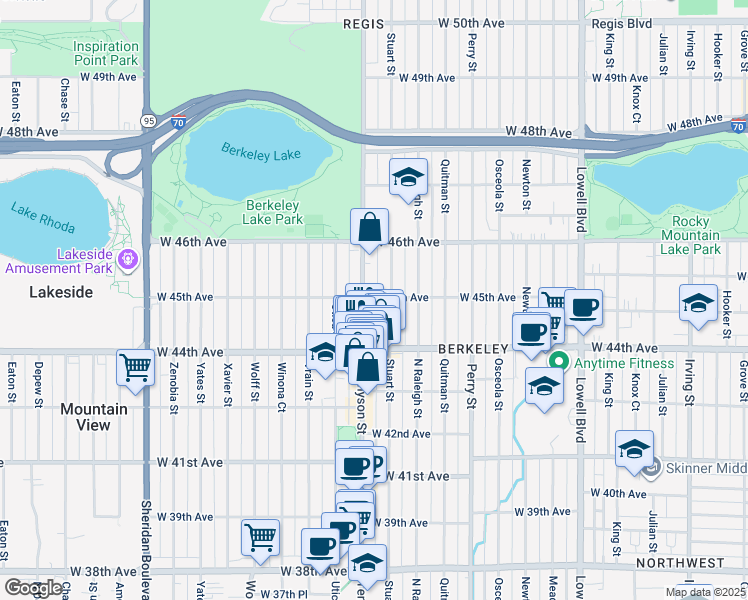 map of restaurants, bars, coffee shops, grocery stores, and more near 4500 Tennyson Street in Denver