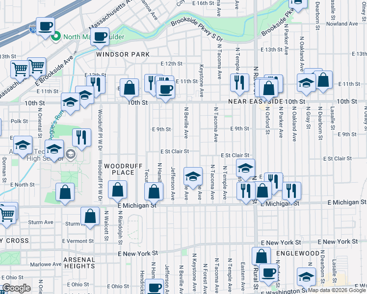 map of restaurants, bars, coffee shops, grocery stores, and more near 815 North Beville Avenue in Indianapolis