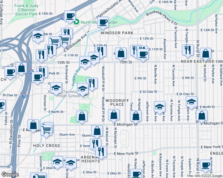 map of restaurants, bars, coffee shops, grocery stores, and more near 800 Woodruff Place Middle Drive in Indianapolis