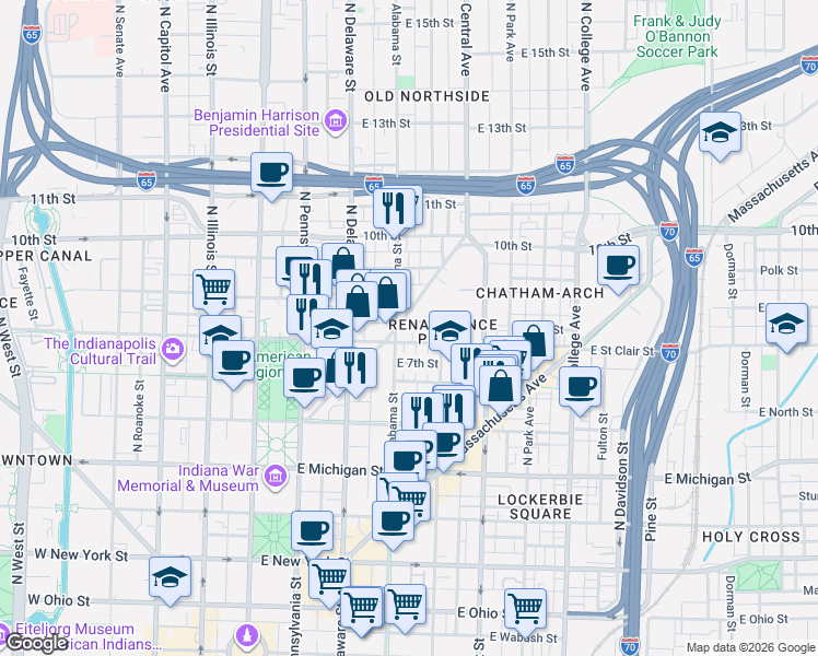 map of restaurants, bars, coffee shops, grocery stores, and more near 350 East Arch Street in Indianapolis