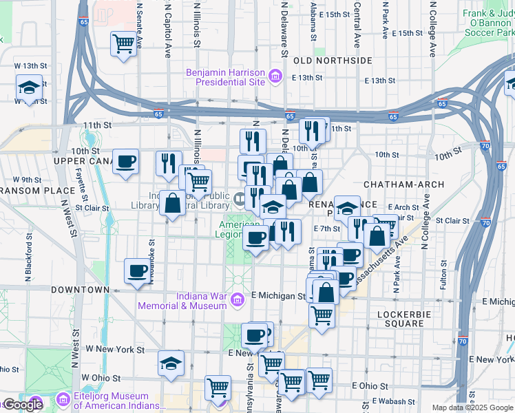 map of restaurants, bars, coffee shops, grocery stores, and more near 821 North Pennsylvania Street in Indianapolis